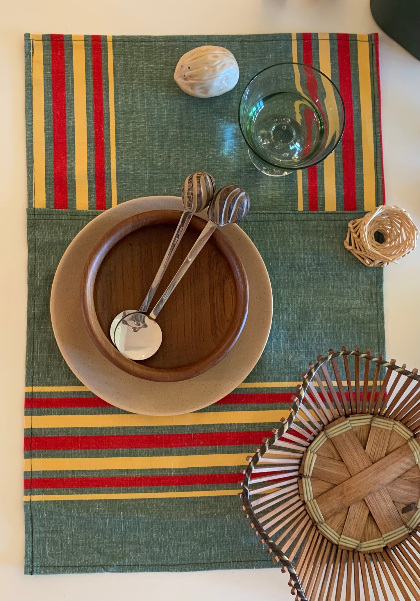 Sets de Table en coton upcyclé vert rayé jaune et rouge